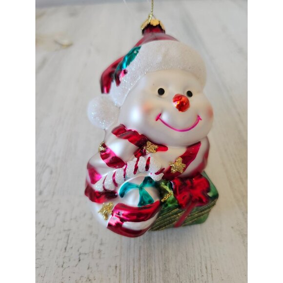 Glass snowman present peppermint red glitter ornament Xmas tree - Picture 2 of 10